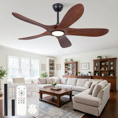 Ventilateur de plafond 52 pouces avec lumière et télécommande, 5 pales bois massif, 3 CCT, variateur, 6 vitesses silencieux pour chambre, salon et chambre d’hôtes (1/5)