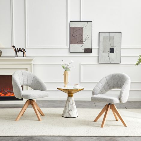 Ensemble de 2 fauteuils pivotants rétro en velours gris clair, pieds bois massif, rotation 360°, dossier incurvé – salon & salle à manger (1/4)