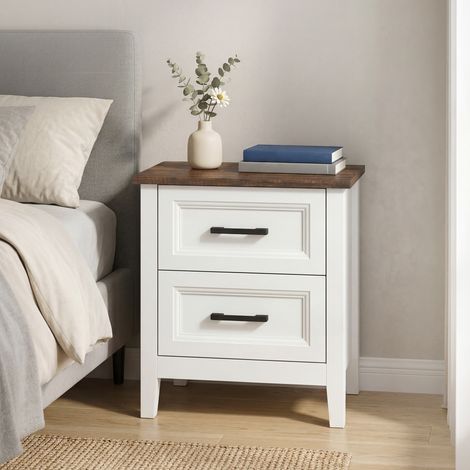 Table de chevet à 2 tiroirs, aspect bois, style rustique, pour chambre et salon, blanche (1/5)