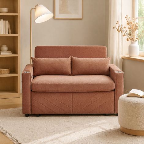 Canapé convertible 2 places 3 en 1, coulissant, avec ports USB, tissu orange DESVIAE (1/5)