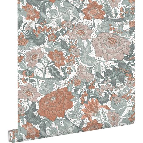 papier peint fleurs vintage bleu vert et terracotta - ESTAhome (1/5)