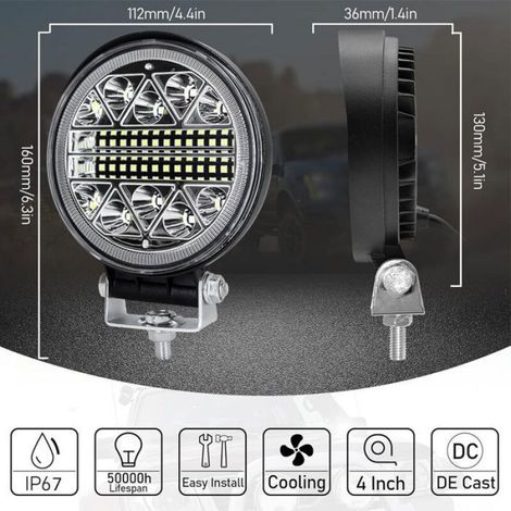 Lot de 2 phares LED ronds 102W – Longue portée 6000K – IP68 étanche – Aluminium antichoc pour voitures, camions, SUV, bateaux (1/5)