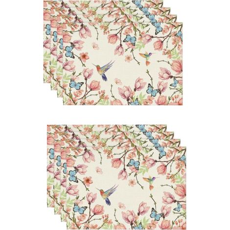 Manteles individuales con estampado floral y de pájaros, juego de 8 manteles individuales de fibra de poliéster, 45x30 cm, lavables, resistentes a las manchas, manteles individuales decorativos con es (1/5)