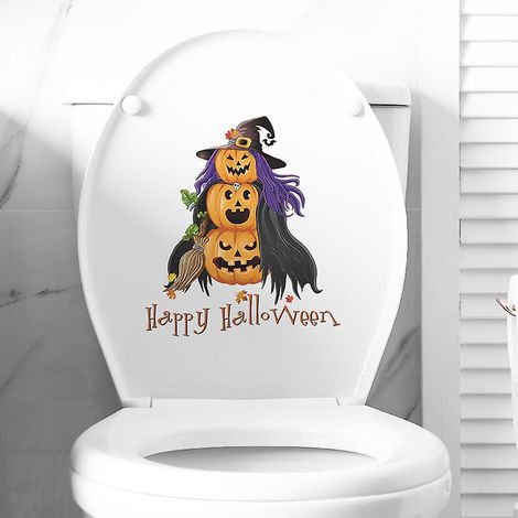 2pcs Autocollant De Toilette Citrouille, Chapeau De Sorcire, Dessin Anim, Sticker Mural Drle Pour Wc, Salle De Bain, Cuisine, Pvc (1/5)