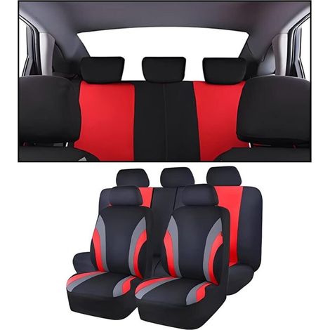9 Pièces Ensemble de Housse Siege Voitures, Ensemble Complet Housses Siège de Voiture et D'appui, Housses de Sieges Housse Couverture Jeu Complet, Accessoires Intérieurs(Rouge) (1/5)
