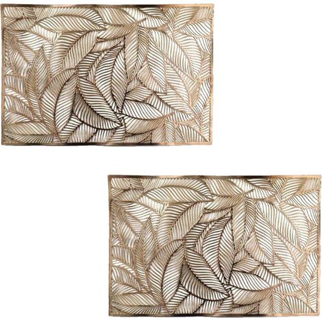HOMESCAPES Set of 2 Floral Leaf Decorative Gold Placemats