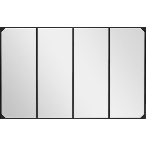 Miroir mural verrière rectangulaire style industriel, horizontal ou vertical avec 4 crochets, en métal noir 109 x 69 cm