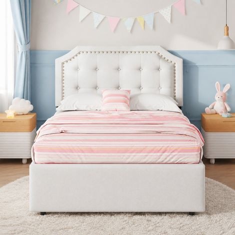 Cama 90x200 cm con 2 cajones, cabecero ajustable, lino y MDF, beige claro HAVRYA (1/5)