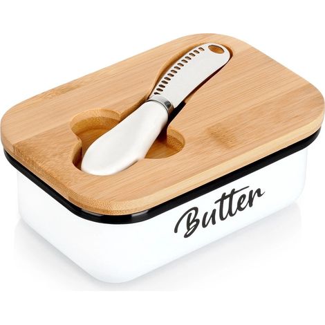 White metal butter dish with bamboo lid knife 235492175 (1/5)