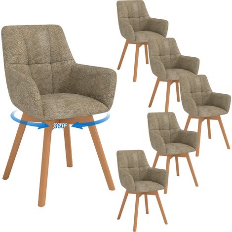 Lot de 6 Chaises de Salle à Manger Pivotantes 360°, Accoudoirs et Pieds Bois, Dossier en Fausse Laine d’Agneau.Marron. (1/5)