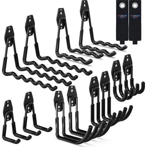 Set de 14 Crochets Muraux pour Garage 3-H en Acier Robuste - Rangement Outils, Échelles et Tuyaux avec Revêtement PVC Antidérapant (1/5)