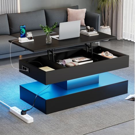 Table basse relevable LED 100x50 cm rangement noir OKMYHOME (1/5)