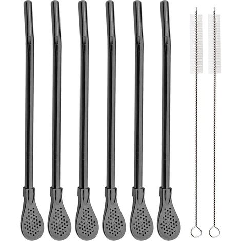 (Noir, ensemble de 8 pièces) Cuillère-paille multifonctionnelle en acier inoxydable pour jus, thé au lait et yerba maté. (1/2)