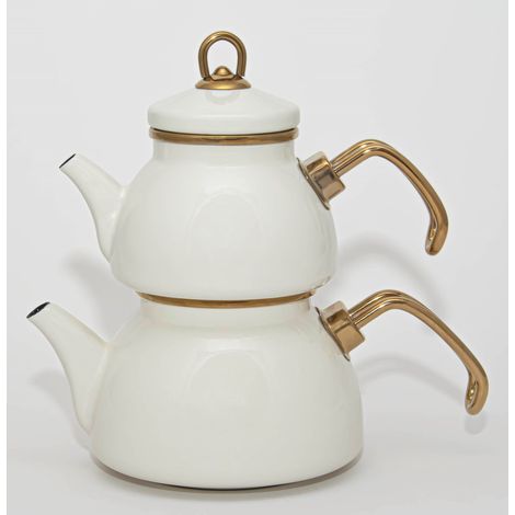 Théière Turque Mini 0,5 L avec Bouilloire 1,1 L en Acier Émaillé beige – Design Rétro – Compatible Induction – Idéale pour l'Infusion du Thé – LPP GRANDEUR 10