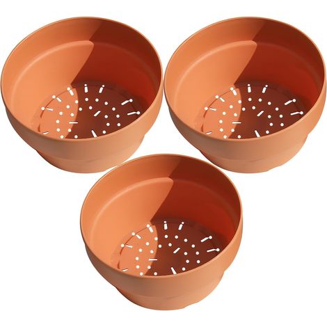Set mit 3 runden, orangefarbenen Kunststoff-Blumentöpfen (18 cm) in Tonoptik mit Abflusslöchern, flache, dekorative Pflanzgefäße für Sukkulenten im Innen- und Außenbereich (1/4)