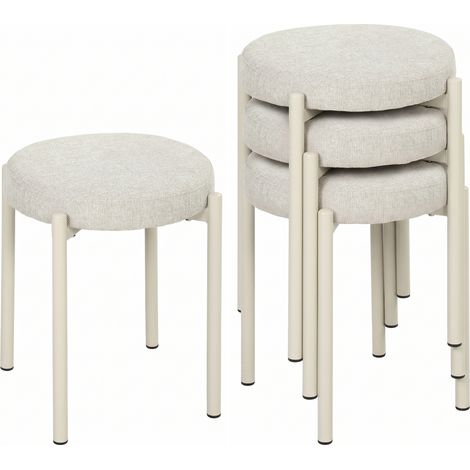 Ensemble de 4 tabourets de salle à manger empilables avec pieds en acier, aspect lin, pour salle à manger, salon, cuisine, blanc crème (1/5)