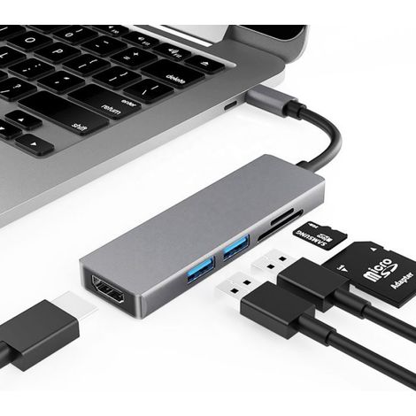 Hub USB-C - 2x USB-A 3.0 - Sortie HDTV 4K 30Hz - Lecteur Carte SD TF - Pour MacBook et Ordinateurs Portables - 1 Pièce (1/5)