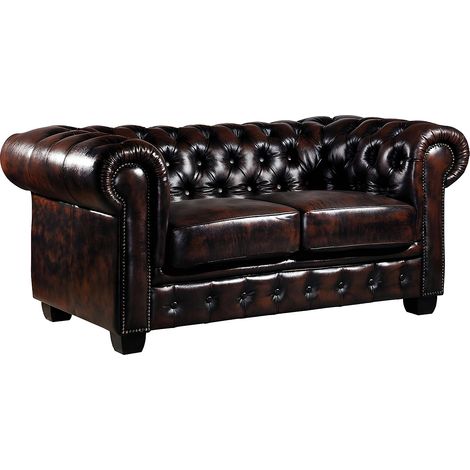 Divano Chesterfield a 2 posti 100% cuoio di bufalo Marrone con riflessi castani - BRENTON