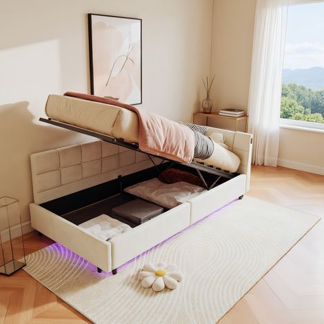 Polsterbett 90x200 cm, Schlafsofa mit LED-Licht und USB-Ladefunktion, Einzelbett mit Hydraulischem Stauraum, Tagesbett Jugendbett mit Kopfteil und Lattenrost, Velour Creme, Ohne Matratze