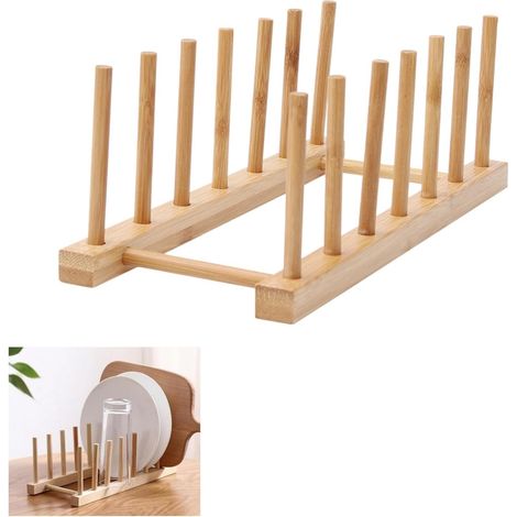 Égouttoir à Assiettes en Bambou,Support Assiettes Bois Bambou,Égoutoire Vaisselle Assiette,Support de Couvercle pour Tasse,Ustensiles Rangement Cuisine Organisateur Rack (1/5)