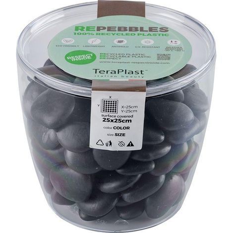 Dekorative Kieselsteine aus recyceltem Kunststoff «re-pebbles», anti-verschleiß, für Außen- und Innenbereich -Schwarz / Pot Pack