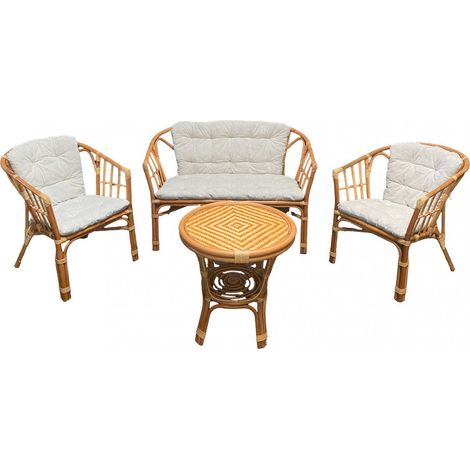Salotto da esterno 4 posti con cuscini imbottiti e struttura in legno wicker con tavolino - Legno e bianco