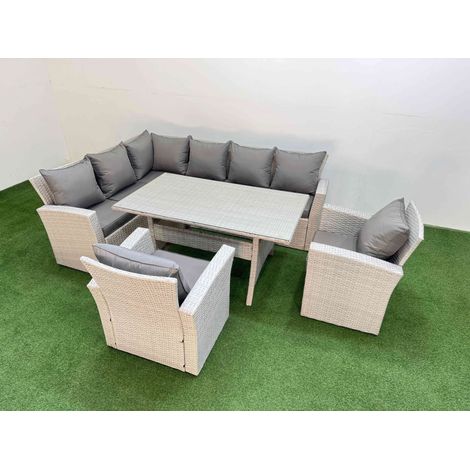 Fimous 8 Seater Rattan Garden Furniture Set Outdoor Patio Dining Corner Sofa Sets with Dining Table 2 Chairs Light Grey Mixed (1/5)