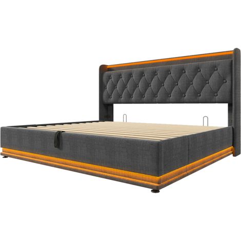 Lit coffre rembourré 180x200 cm gris avec LED, port USB Type-C, sommier à lattes, sans matelas (1/5)