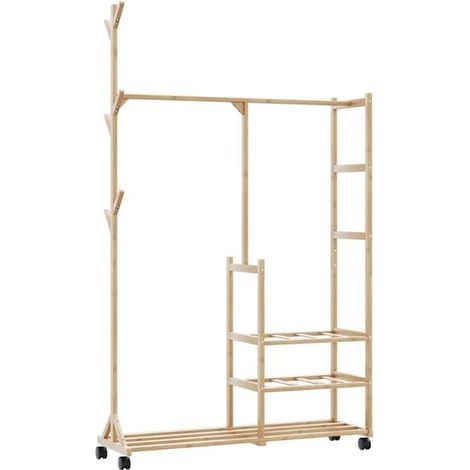 Un portant à vêtements en bambou avec étagères et roulettes, mesurant 100x38x175,5 cm. (1/5)