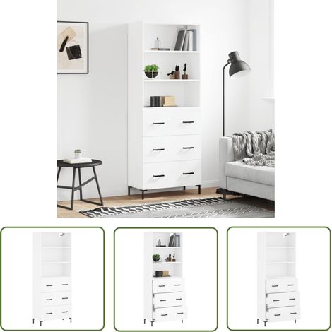 The Living Store Highboard Weiß 69,5x34x180 cm Holzwerkstoff - Sideboard - Hochschrank - Wohnzimmermöbel - Aufbewahrung - Weißer Schrank (1/5)