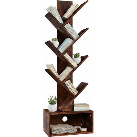 Relaxdays Bücherregal, 6 Ebenen, HBT: 113x38x20 cm, Baum-Design, Bücher & CDs, mit Stauraum, Wohnzimmerregal, braun