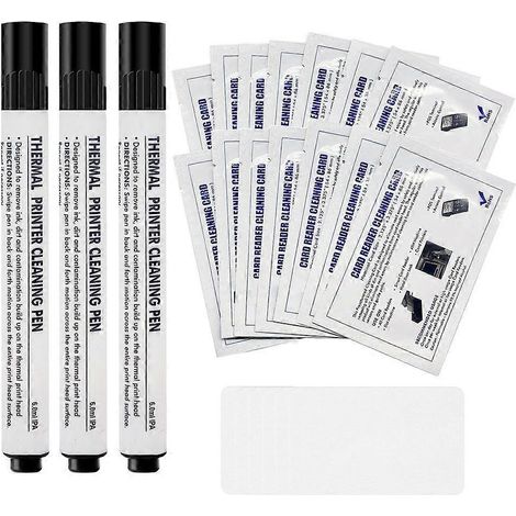Le kit de nettoyage pour imprimante de cartes comprend un nettoyant pour lecteur de cartes de crédit, 3 stylos de nettoyage pour imprimante et 20 cartes de nettoyage CR80. (1/5)