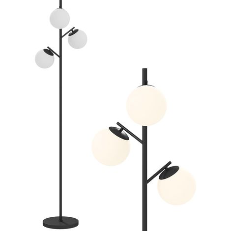 Lampadaire sur pied salon en métal avec 3 abat-jours globe blanc verre dépoli 40W Ø 27 x 169 cm noir (1/5)