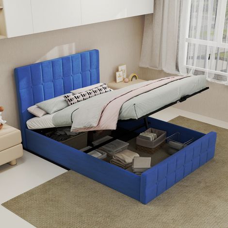 Bett 140x200 cm in Blau aus Samt mit gepolstertem Kopfteil und modernem Design (1/5)