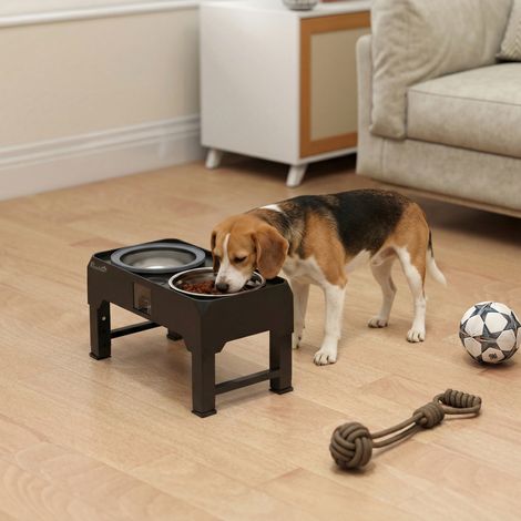 Gamelle surélevée pour chien, hauteur réglable, avec bol pour la nourriture et un bol pour l'eau, 2 bols en acier inoxydable pour chiens de petite et grande taille, noir