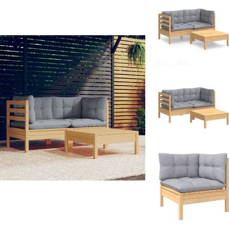 3-tlg. Garten-Lounge-Set mit Grauen Kissen Kiefernholz - Gartensets - Loungemöbel - Gartenmöbel - Outdoor Möbel - Kiefernholz (1/5)