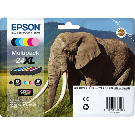 Epson Elephant C13T24384021 cartouche d'encre 6 pièce(s) Original Rendement élevé (XL) Noir, Cyan, Cyan clair, Magenta, Magenta clair, Jaune (1/3)