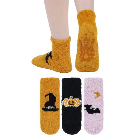 Chaussettes-chaussons citrouille d'Halloween pour femmes - Antidérapantes, moelleuses, douces et chaudes, chaussettes polaires confortables pour l'intérieur (1/5)