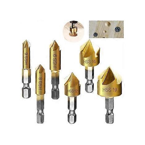 Lot de 6 forets à chanfreiner hexagonaux HCS 1/4" à 5 dents pour fraisage, disponibles en 6 mm, 8 mm, 9 mm, 12 mm, 16 mm et 19 mm. (1/2)