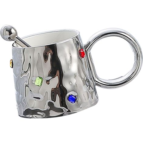 Keramik-Kaffeebecher mit buntem Steindekor, runde Teetasse mit Henkel, Geschenkidee für Zuhause und Reisen, Silber (1/5)