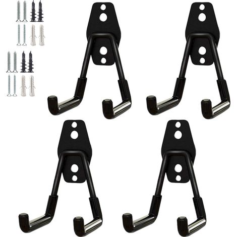 Set mit 4 robusten Garagenhaken, Aufbewahrungshaken, Wandhaken aus Stahl für Gartengeräte (kleine schwarze Vierkanthaken)