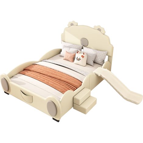 Kinderbett 140 x 200 cm aus PU und MDF mit Verstellbarer LED, Kleine Treppe und Rutsche, Ohne Matratze, Beige (1/5)