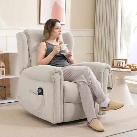 Fauteuil relax électrique massant et chauffant avec dossier et repose-pieds réglable manuellement. poche latérale. beige