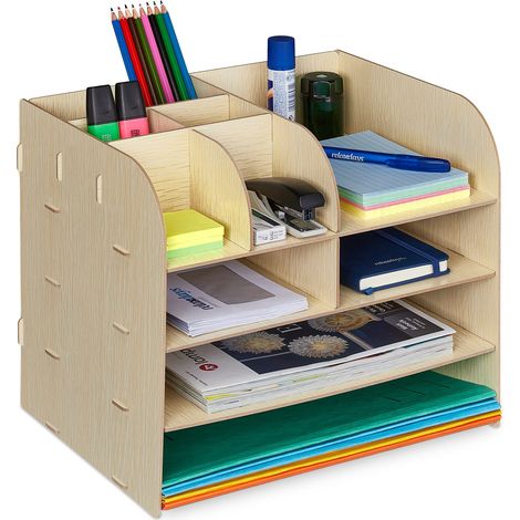 Relaxdays Organiseur bureau étagères documents, 10 compartiments, HxLxP: 27,5 x 32,5 x 25 cm, Rangement, marron clair