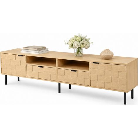 ELVMI TV-Schrank mit 2 Türen, 2 Schubladen und 2 Offenen Fächern, 3D-Holzdekor, Wohnzimmer, MDF, 200x35x44.5 cm, Natur (1/5)