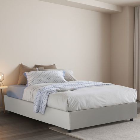 Dmora - Cama de plaza y media Damerin, Cama contenedor con tapizado en ecopiel, 100% Made in Italy, Apertura lateral, adecuado para colchón Cm 120x190, Blanco (1/3)