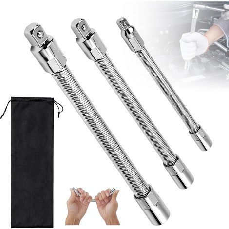Lot de 3 rallonges flexibles pour clés à douille, 1/4, 3/8, 1/2", tige d'extension flexible en acier à ressort, barres d'extension avec boule de sécurité pour clés à cliquet (1/5)