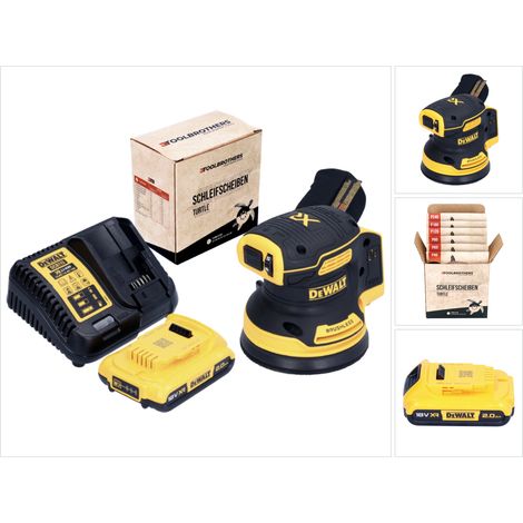 DeWalt DCW 210 D1 Akku Exzenterschleifer 18 V 125 mm Brushless + 1x Akku 2,0 Ah + Ladegerät + 1x Toolbrothers TURTLE Schleifscheiben Set
