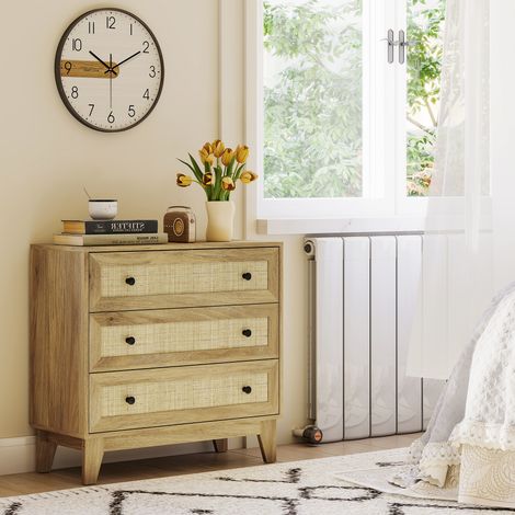 Kommode mit 3 Schubladen, Holzkommode mit Rattanfronten, Cannage-Stil, fürs Schlafzimmer, 80 x 35 x 76 cm, Natur