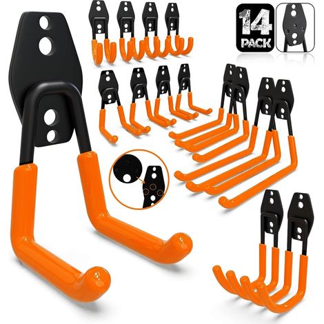 3-H Crochet Mural Garage 14pcs, Porte Outils Mural pour Rangement Atelier Jardin, Crochet Muraux en Acier Robuste avec 3 Points de Soudure pour Êchelle,Vélo,Tuyaux,Outil électrique,Orange (1/5)